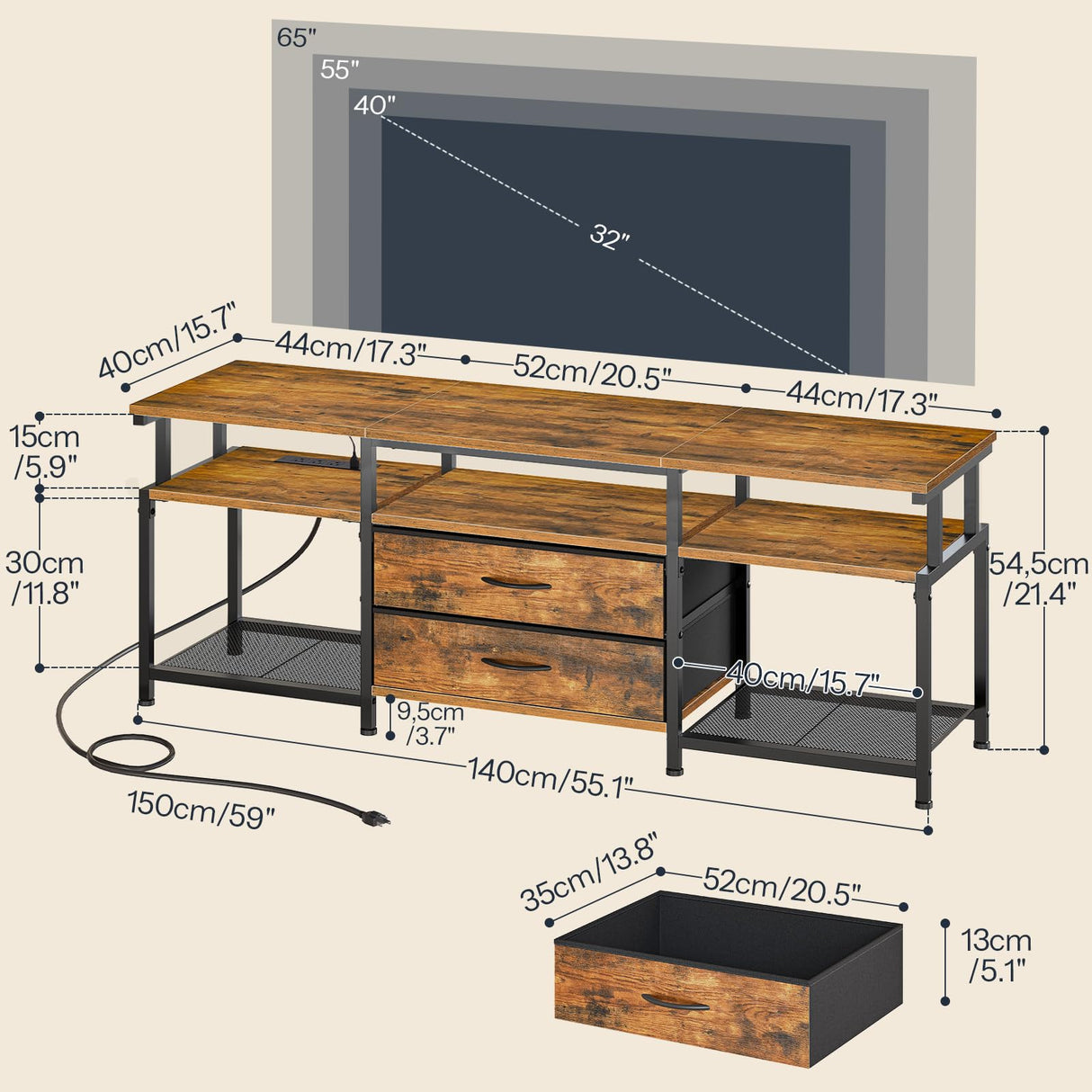 HOOBRO TV Stand with Power Outlet and LED Light, Entertainment Center for TVs Up to 65 Inch, Modern Media Console Table with 2 Non-Woven Drawers, for Living Room, Bedroom, Rustic Brown BF54UDDS01 HOOBRO