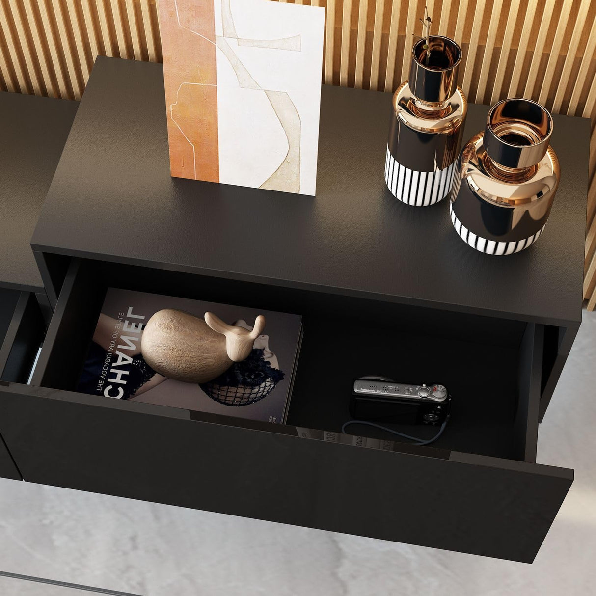 MOUMON Floating TV Console Media Console with High Gloss Drawers & Lights, Modern Wall Mounted TV Stand Floating Media Center for Living Room Black (110.2”W x 11.8”D x 9.4”H) MOUMON