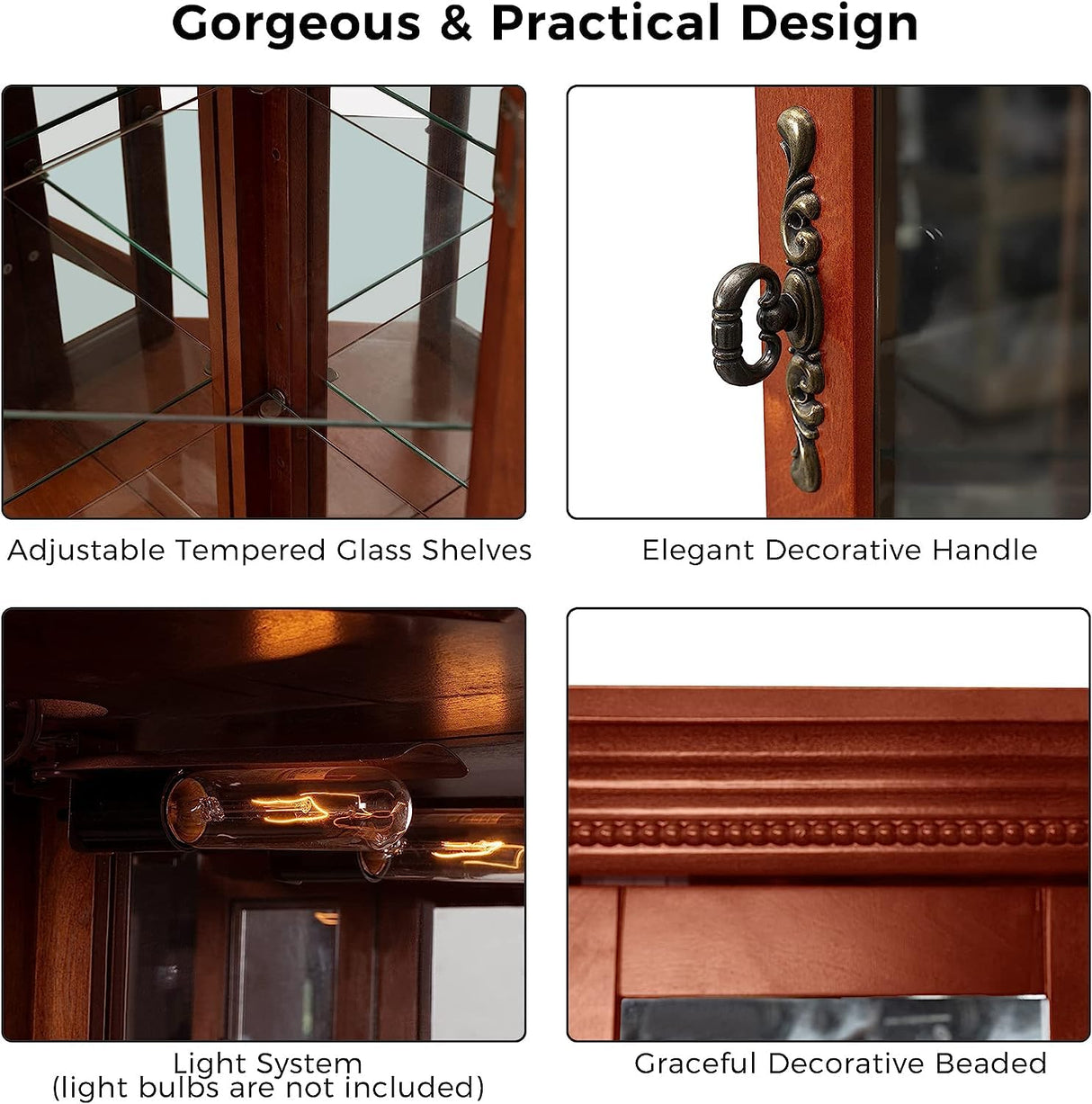 czczgx Lighted Wooden Corner Display Curio Cabinet, Curved Shelving Unit with Adjustable Shelves and Mirrored Back Panel, Tempered Glass Doors for czczgx