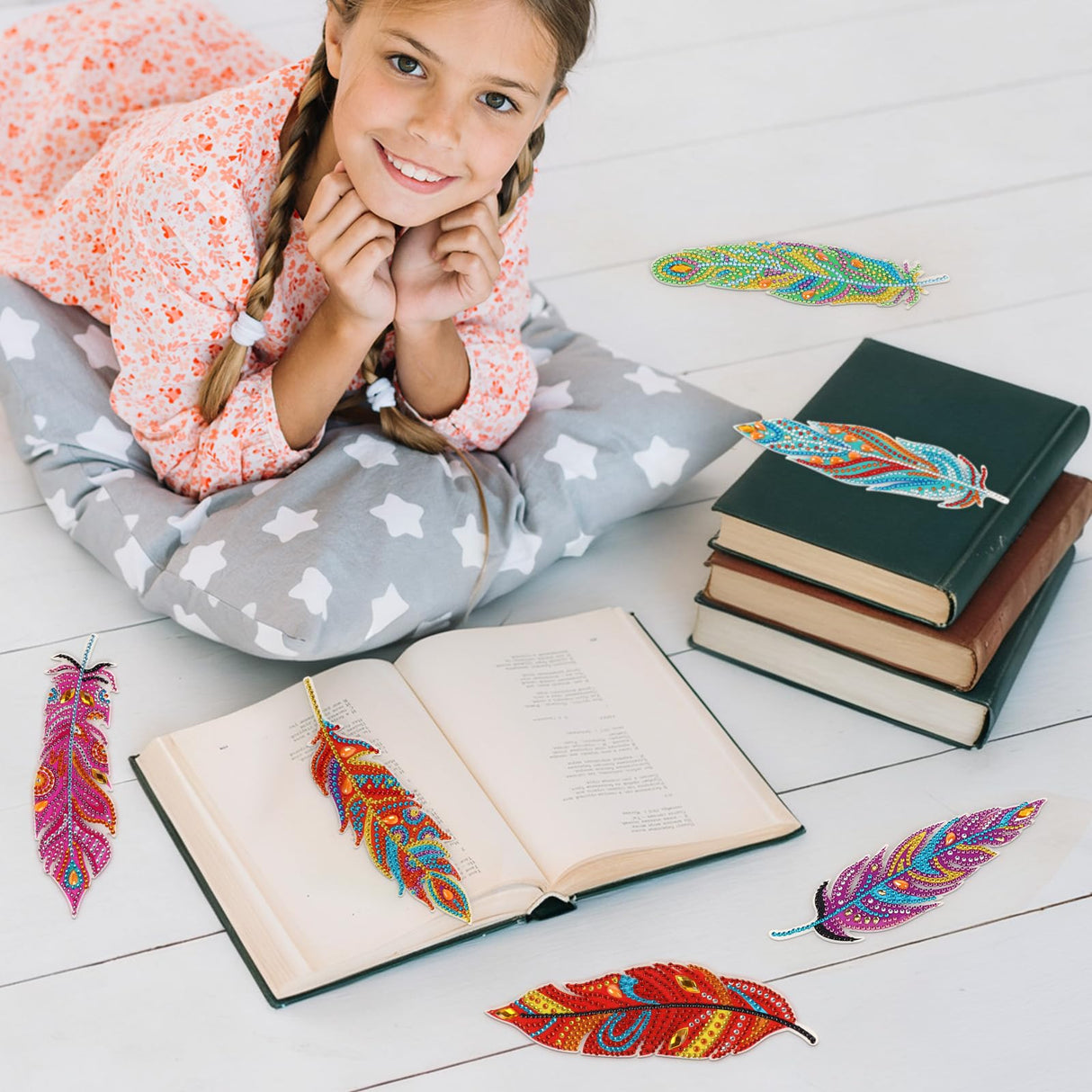 Hooqict 6Pcs 5D Diamond Art Painting Bookmarks Acrylic Diamond Art Feather Bookmark with DIY Painting Kits for Beginners Kids Adults Book Lovers Birthday Graduation Halloween Christmas Gift Hooqict
