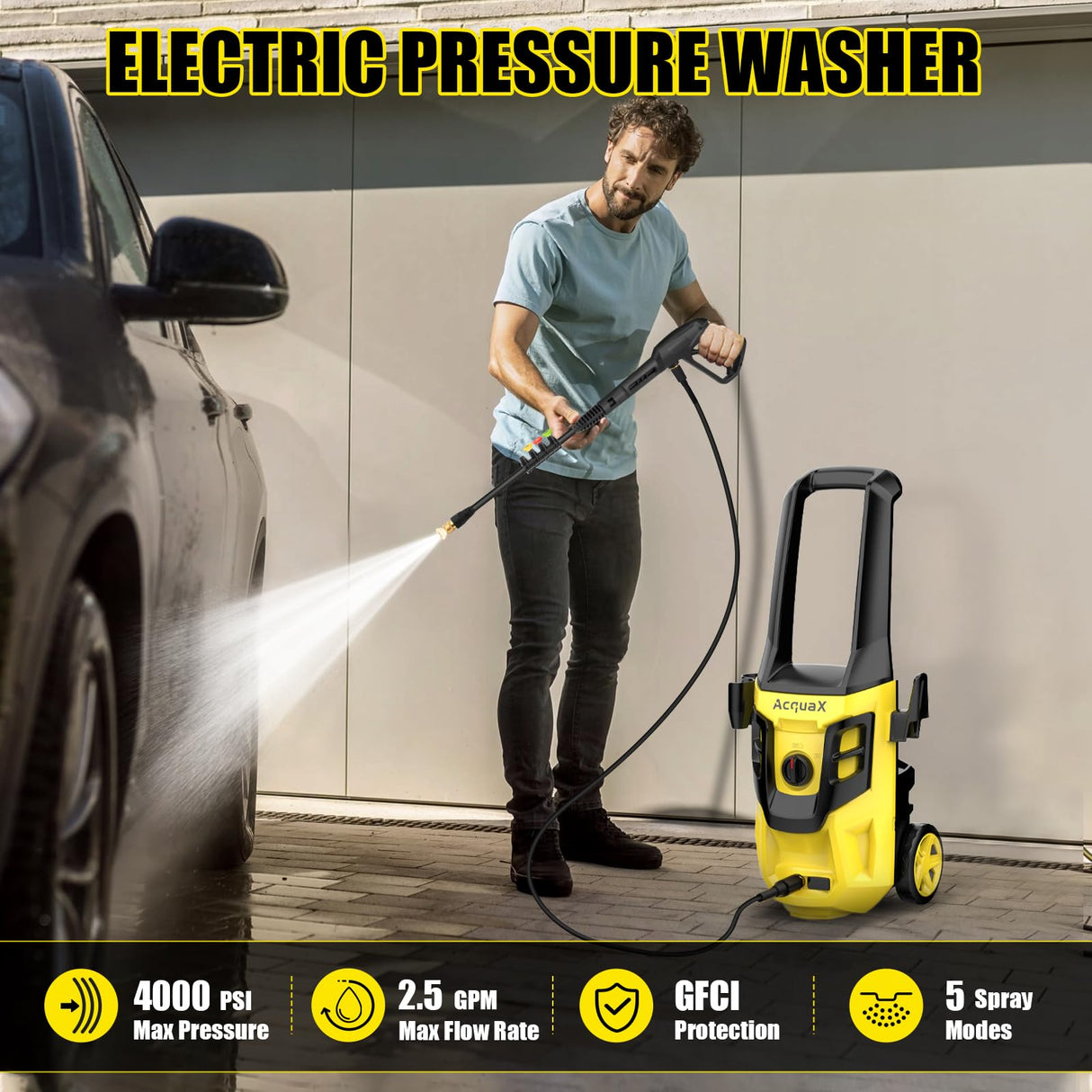 AcquaX Electric Pressure Washer, 4000 PSI 2.5 GPM Electric Power Washer with 4 Quick Connect Nozzles, 35FT Power Cord, 20FT Hose, Foam Cannon for Cars/Patios/Diverway/Fences AcquaX
