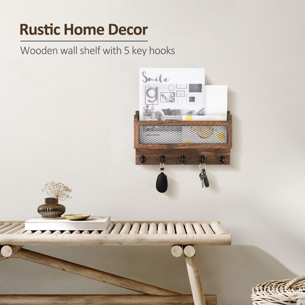 Nekon Mail and Key Holder for Wall Decorative, 11 Inch Wooden Wall Key Organizer with 5 Key Hooks, Wall Mount Storage Shelf for Entryway Hallway (Brown) Nekon