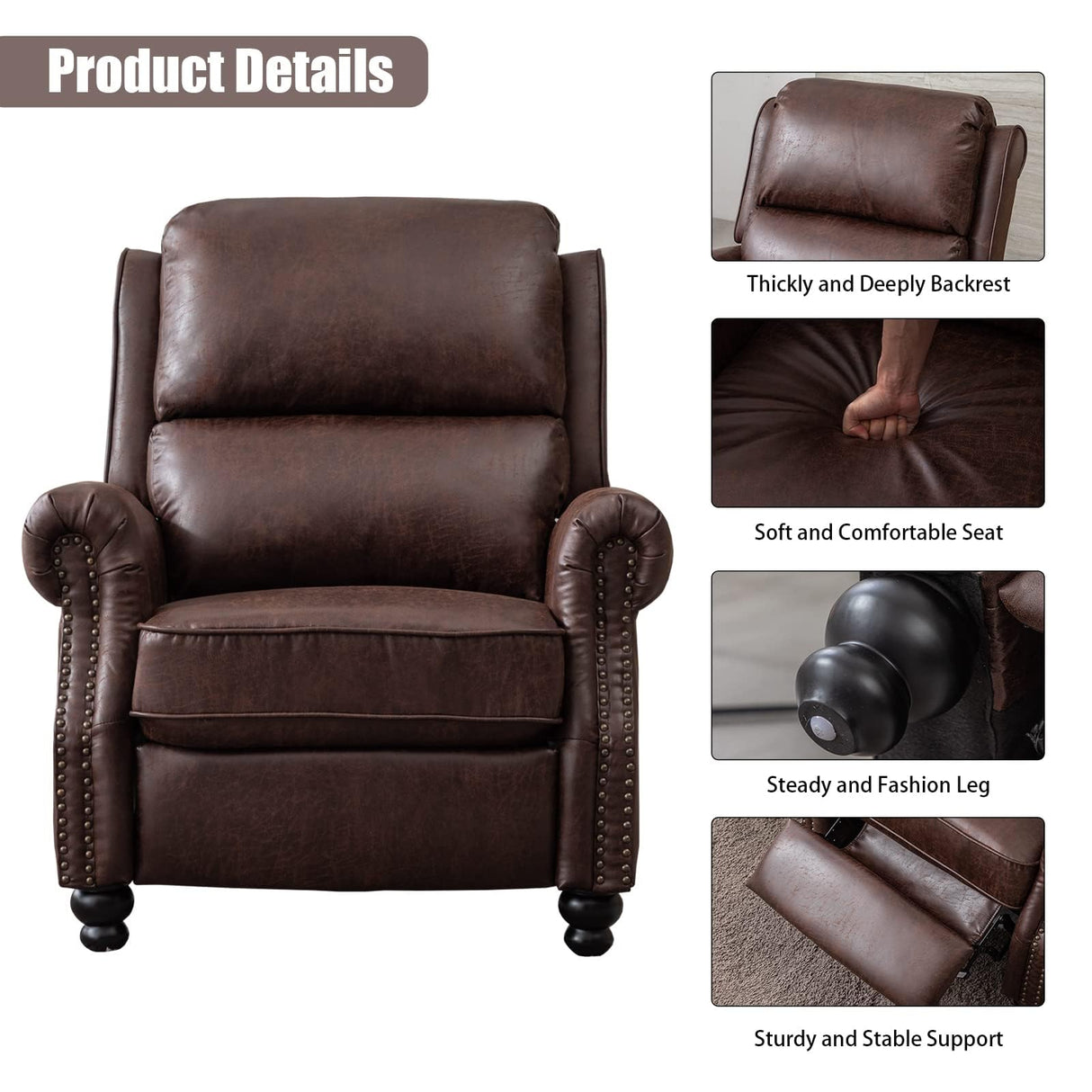 CANMOV Pushback Recliner Chair Set of 2,Leather Armchair Push Back Recliner with Rivet Decoration Single Sofa Accent Chair for Living Room, Reddish Brown CANMOV