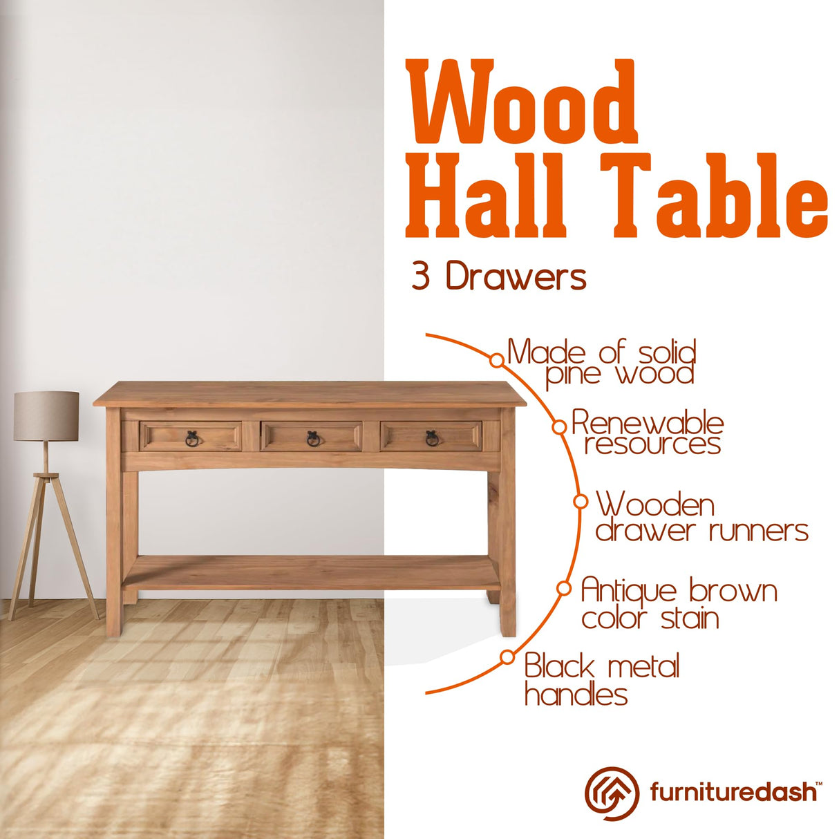 Furniture Dash Solid Wood Console Table with 3 Drawers 47.9" W, 12.6" D, 28.8" H - Farmhouse Entryway Table with Storage Shelf, Farmhouse Furniture for Living Room, Hallway Foyer - Corona Collection Furniture Dash