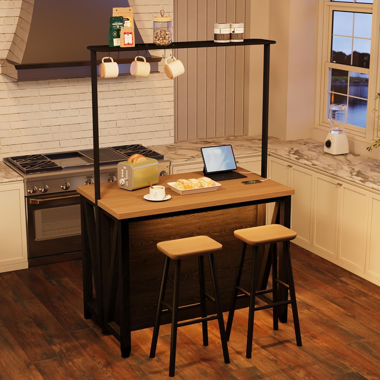 Wooden Kitchen Island with Power Outlet & LED Lights - Bakers Rack with Storage, Large Kitchen Island Table with 3 Tier Microwave Stand Oven Shelf, Coffee Bar Table with 6 Hooks LALFPET