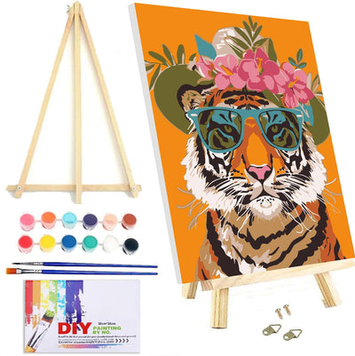 Tiger Paint by Numbers kit for Adults Framed Canvas - with Wooden Easel and Nice Box,Adults' Paint-by-Number Kits Animal DIY Acrylic Oil Painting for Home Wall Decor 7.8x11.8inch