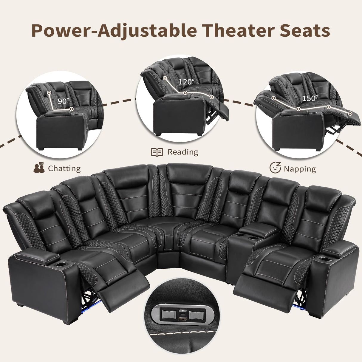 ANJ Modular Power Recliner Set: 5-Seat Home Theater Seating with 2 Loveseats (Center Console & Fixed Middle), LED Lights, USB Charging, Faux Leather for Living Room (Black) ANJ