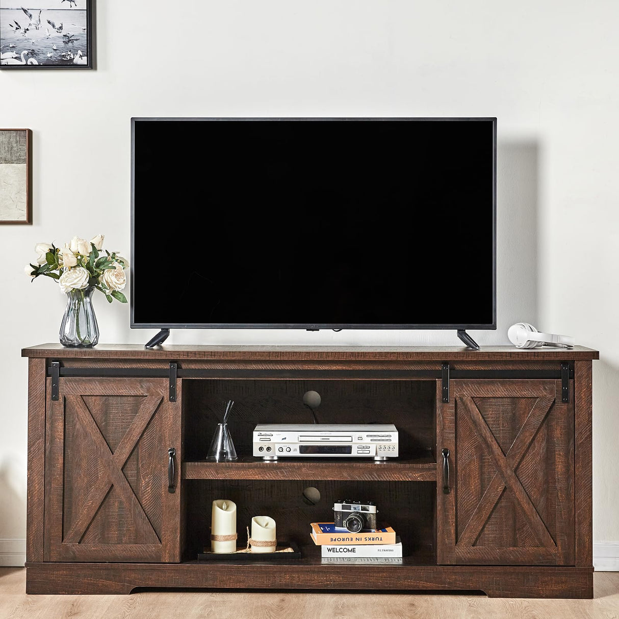 AMERLIFE 66" Farmhouse TV Stand for 75 Inches TVs, Entertainment Center with Sliding Barn Door and Adjustable Shelf & Feet, Console Table with Storage, Reclaimed Barnwood AMERLIFE