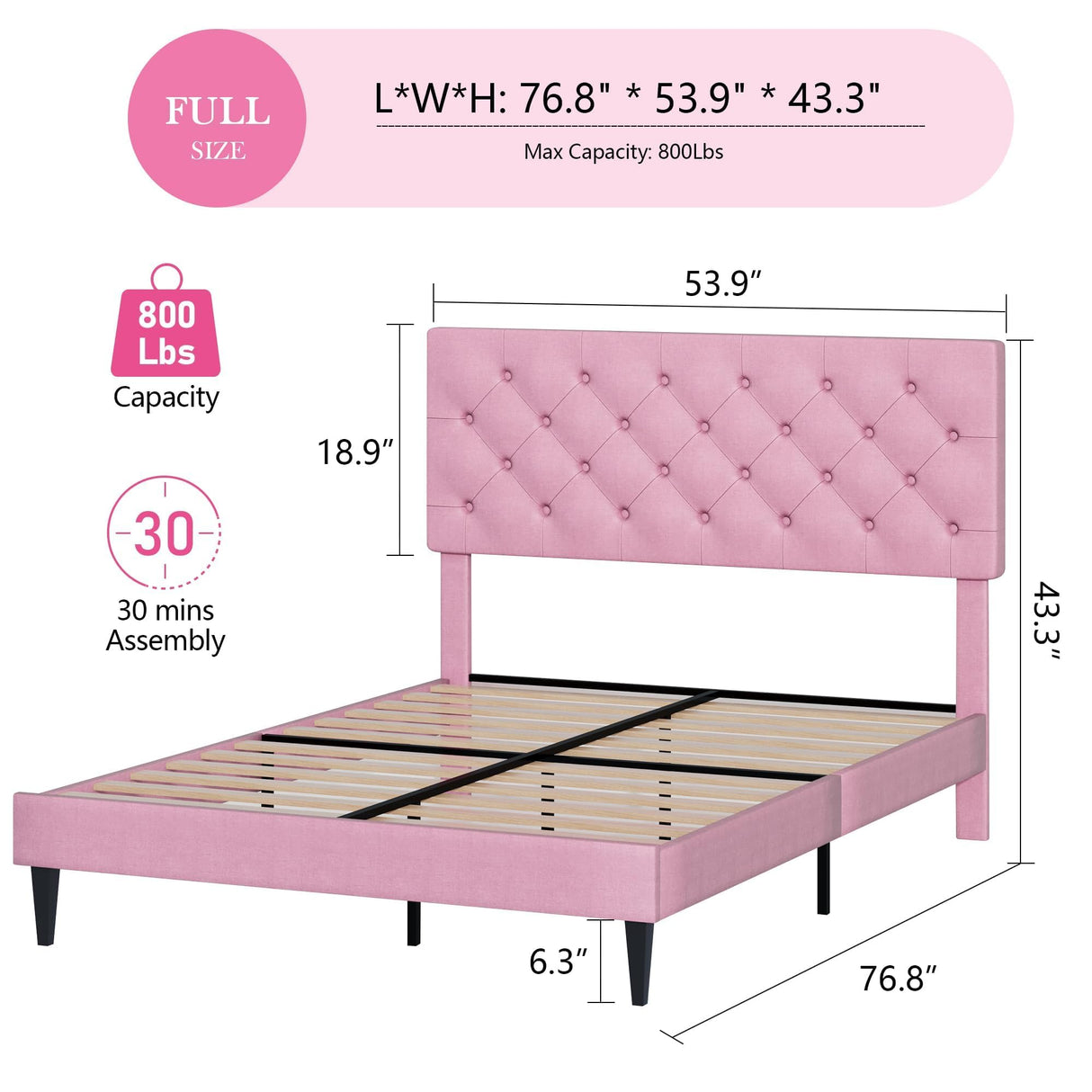 Full Size Bed Frame with Headboard, Upholstered Platform Bed with Adjustable Button Tufted Headboard, Fabric Bed Frame with Wooden Slats Support, No Box Spring Required, Easy Assembly, Pink BarnFurin