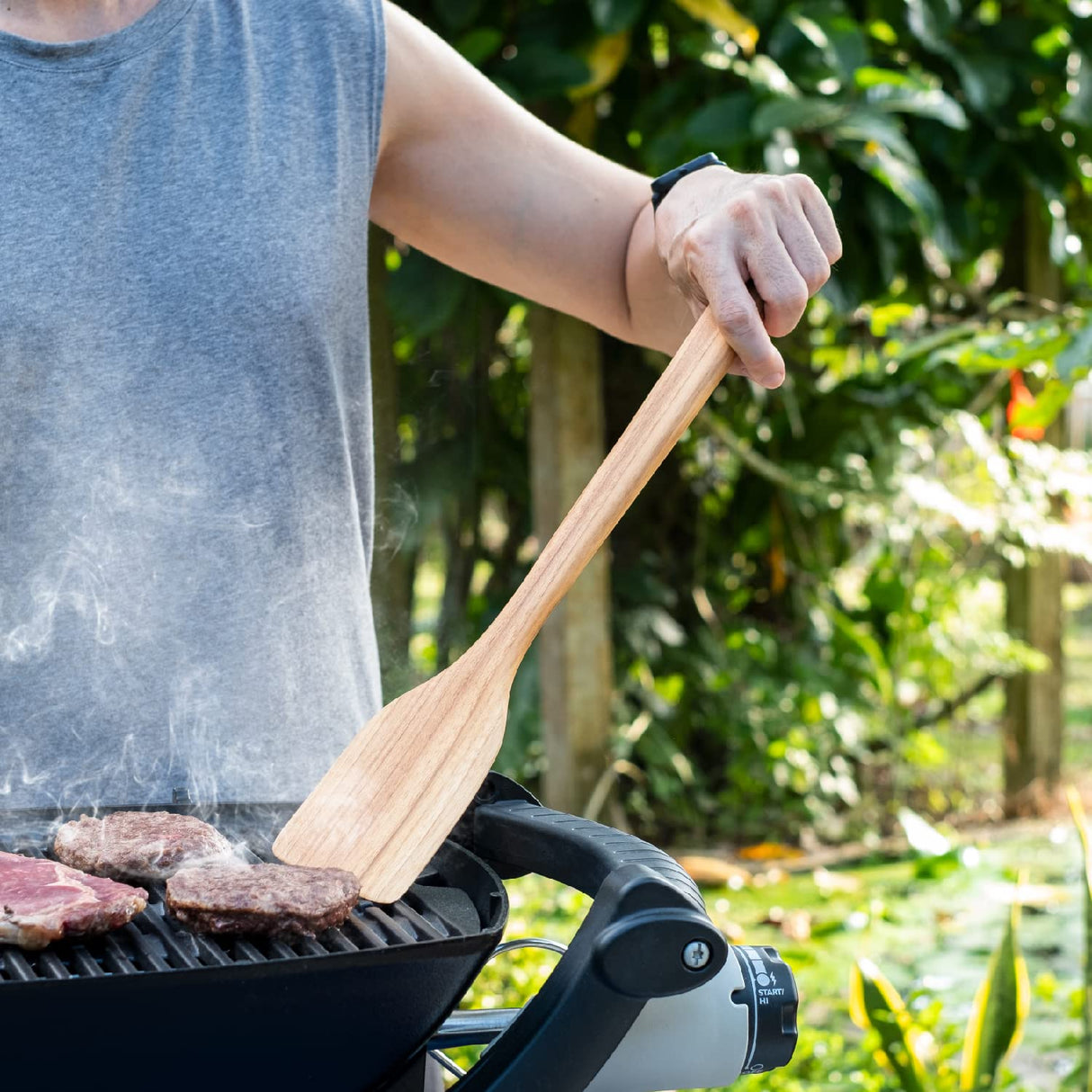 FAAY 18" Teak Long Wooden Spatula, Heavy Duty Stir Paddle for Cooking in Big Pot, Canning, Handcrafted from High Moist Resistance Teak, Wooden Spoon Flat for Brewing, Grill, Mixing, Stirring, Decor FAAY