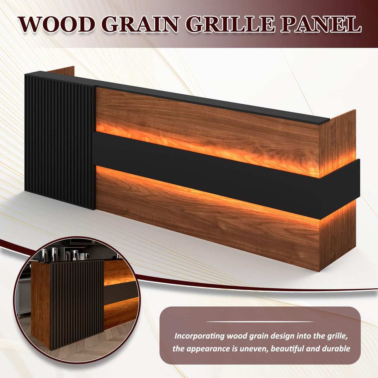 78" Modern Reception Desk with LED Lights & Mobile File Cabinet – Black Brown Office Front Desk Reception Counter with Drawers & Lock (Black & Brown, 78 * 24 * 43IN) YTElantivo