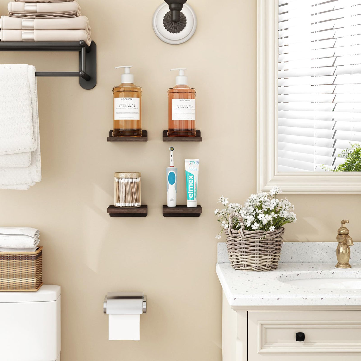 Fixwal Small Floating Shelves, 5X5 Inches Wall Shelf Set of 4, Rustic Wood Small Wall Mounted Shelves for Bedroom, Living Room, Kitchen, Bathroom Decor (Dark Carbonized Black) Fixwal