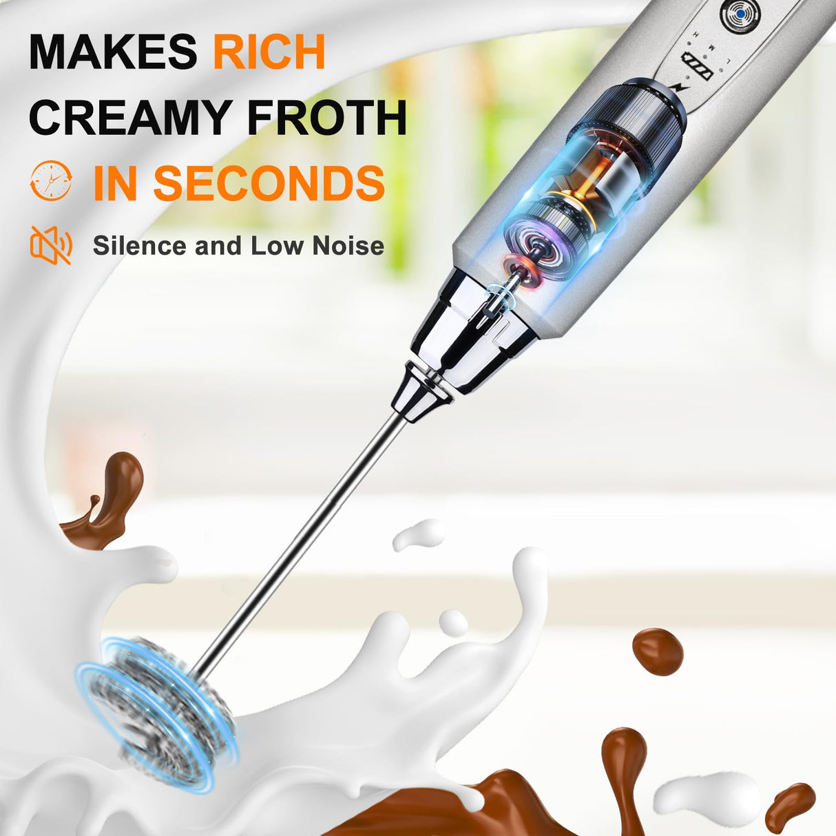YUSWKO Rechargeable Milk Frother Handheld with 3 Heads, Silver Coffee Electric Whisk Drink Foam Mixer, Mini Hand Stirrer with 3 Speeds Adjustable for Latte, Cappuccino, Hot Chocolate, Egg YUSWKO