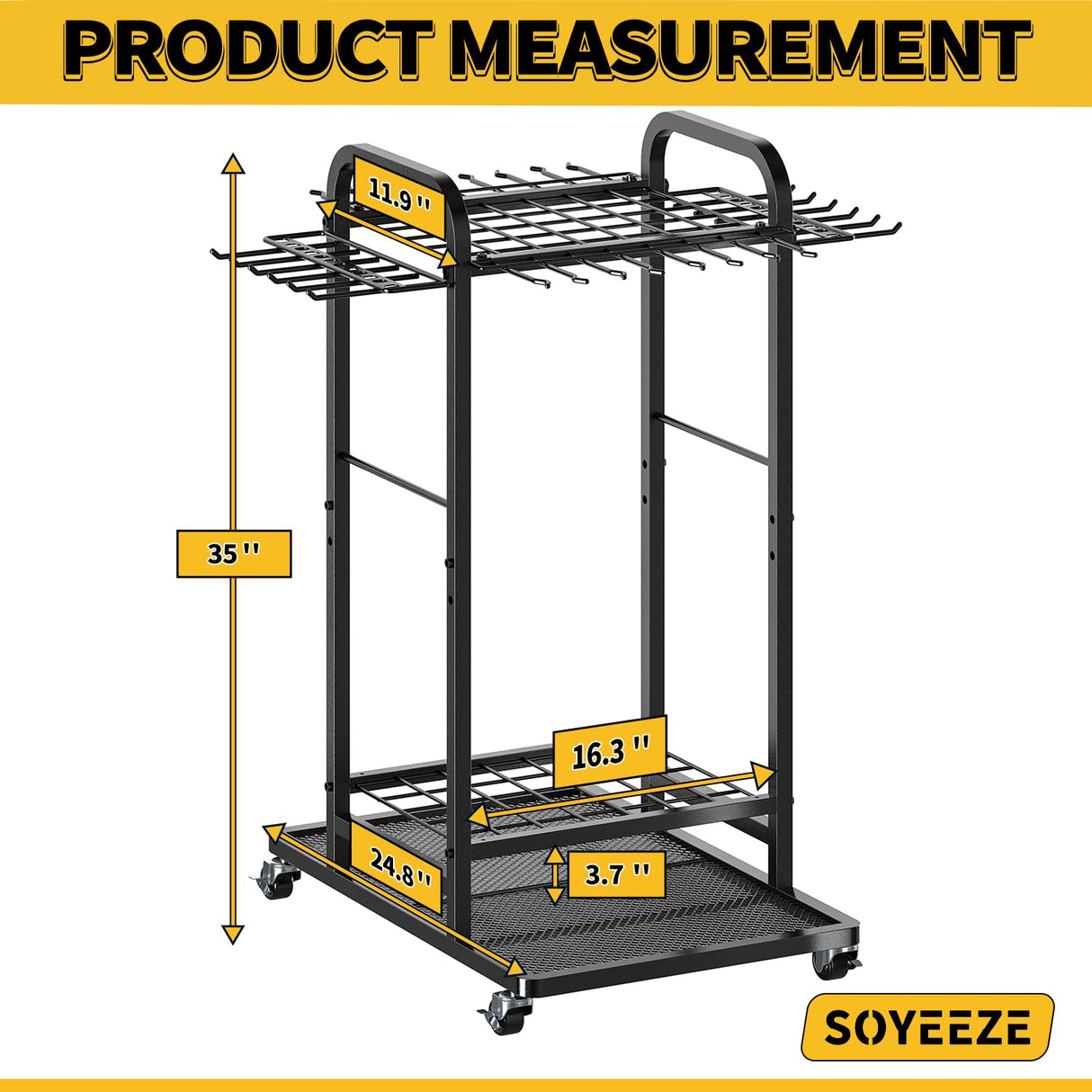 SOYEEZE Garden Tool Organizer with Lockable Wheels, Heavy Duty 3-Tier Yard Tower Tool Rack for Garage, Holds Up to 35 Long-Handled Tools, Garden Tool Cart with 12 Hooks for Tool Organization Storage SOYEEZE