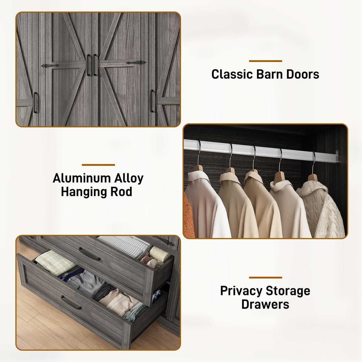 Hlivelood 4 Doors Wardrobe Armoire Closet with Doors and Drawers, Farmhouse Wooden Armoire Storage Cabinet with Shelves & Hanging Rod for Bedroom, Grey Hlivelood