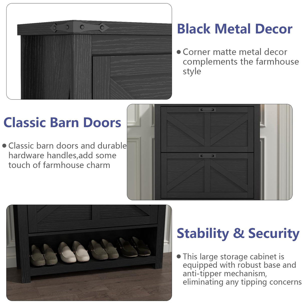 Loomie Farmhouse Shoe Cabinet,Free Standing Tipping Bucket Shoe Rack Organizer with 2 Flip Drawers,Entryway Narrow Shoe Storage with Storage Cubby,Modern Slim Hidden Shoe Cabinet with Doors, Black Loomie