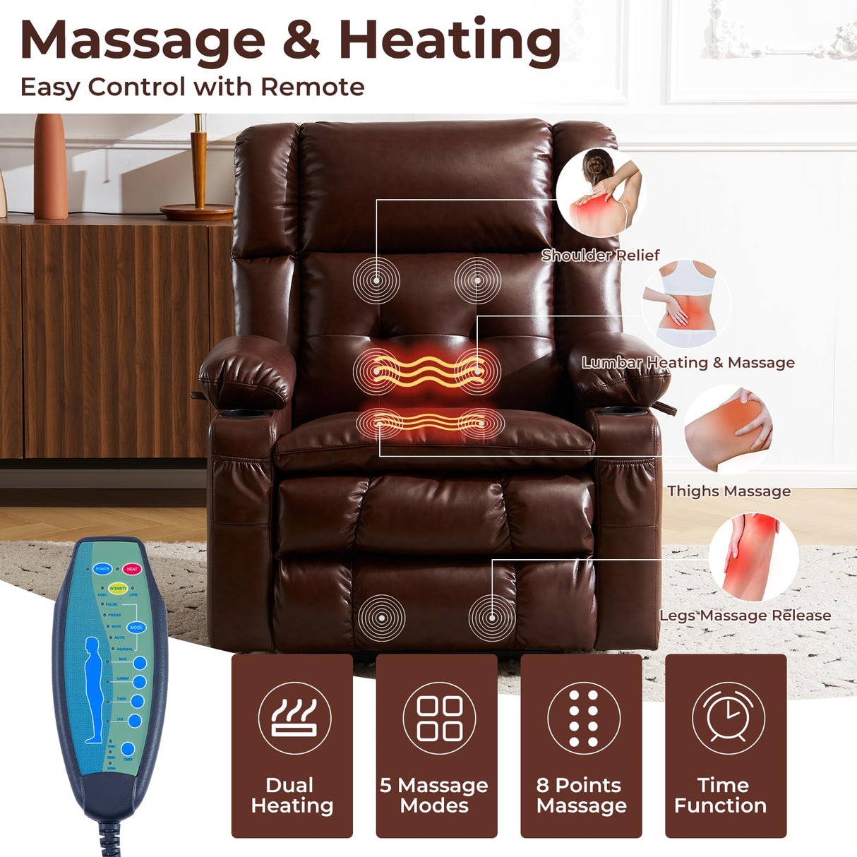Dual Motor Power Lift Recliner Chair for Elderly with Massage and Heat, Oversized Lift Chair with Arm Storage, Lay Flat Lift Recliner for Adults, Big Tall, Infinite Position, Brown Rhevoy