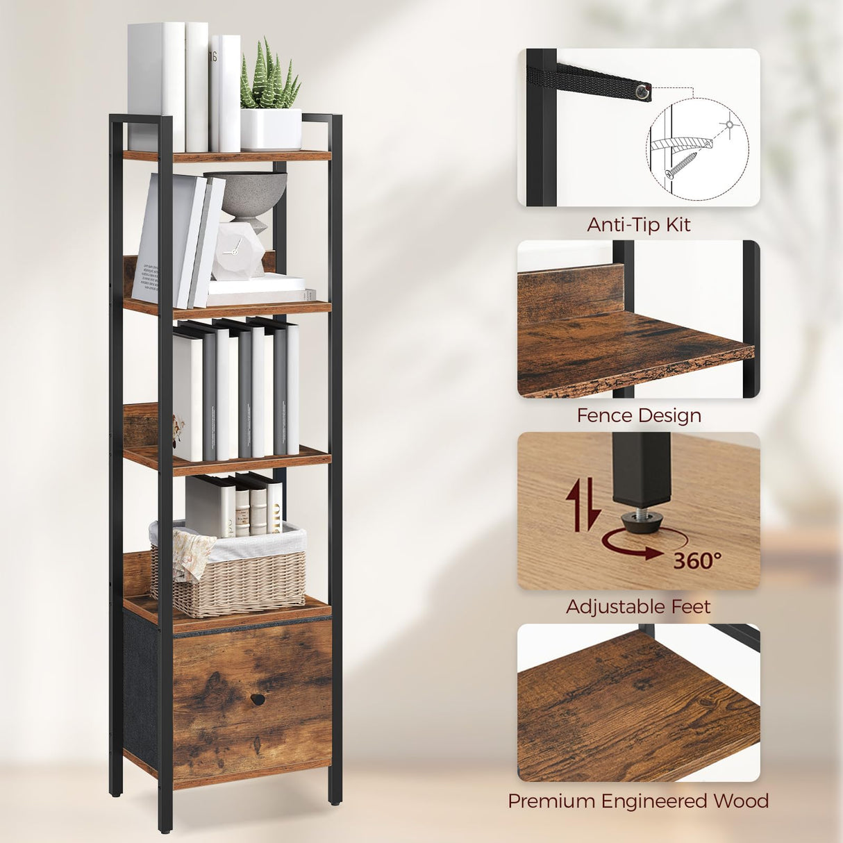MAHANCRIS Bookshelf, 5-Tier Bookcase with Drawer, Small Book Shelf for Small Space, Storage Shelf Organizer, for Living Room, Bedroom, Study, Kitchen, Rustic Brown and Black BKHR55101 MAHANCRIS