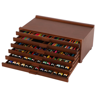 VISWIN 6-Drawer Art Supply Storage Organizer, Beech Wood Artist Storage Box with Removable Dividers, Portable Art Box for Paints, Brushes, Pencils, Pens, Pastels - Walnut