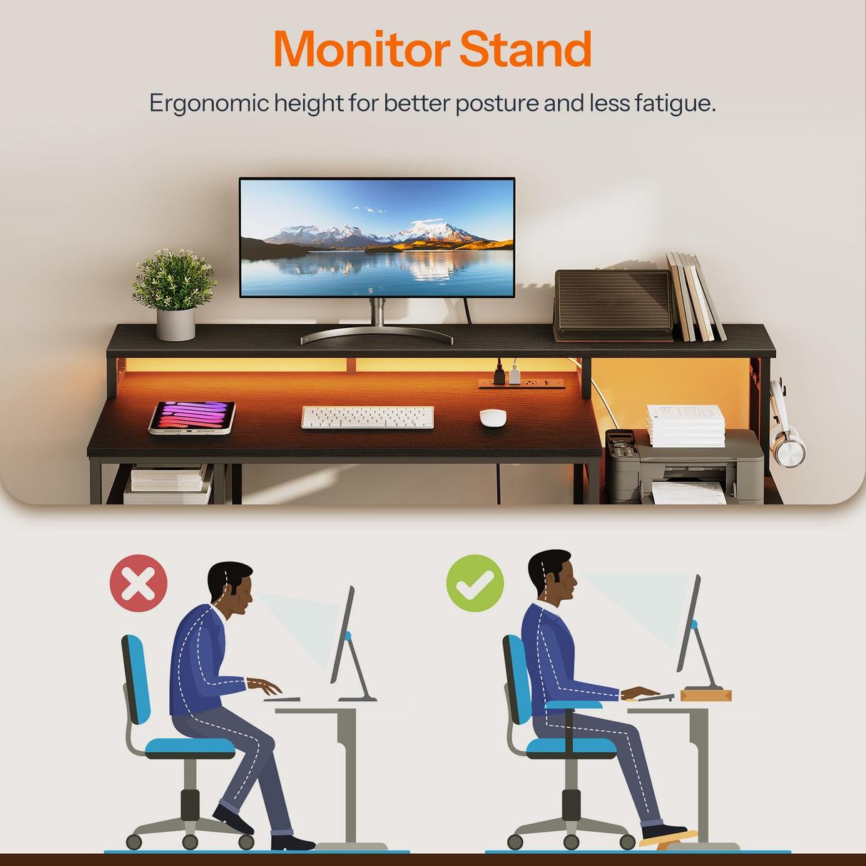 HOOBRO Computer Desk, 55" Home Office Desk with Fabric File Cabinet, Power Outlet and LED Strip, Office Desk with Monitor Stand and 2 Hooks for Home Office, Black BB46UDDN01 HOOBRO
