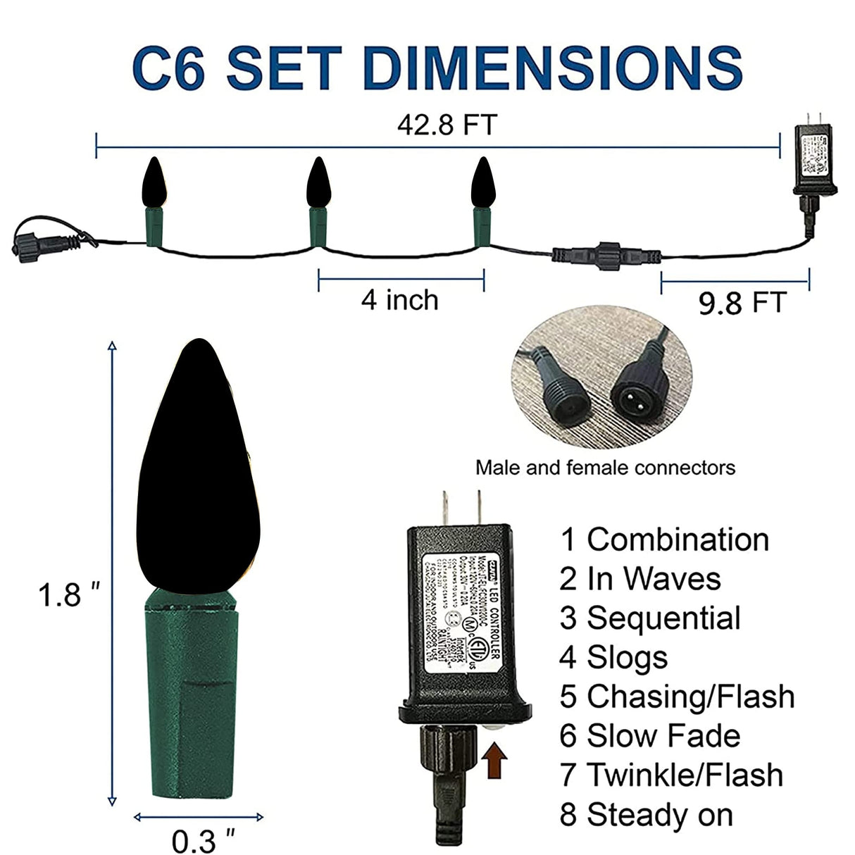Dazzle Bright C6 Christmas String Lights, 100 LED 33 FT Waterproof Connectable Green Wire Fairy Lights, 8 Modes Christmas Lights for Indoor Outdoor Home Garden Yard Xmas Tree Decorations (Red) Dazzle Bright