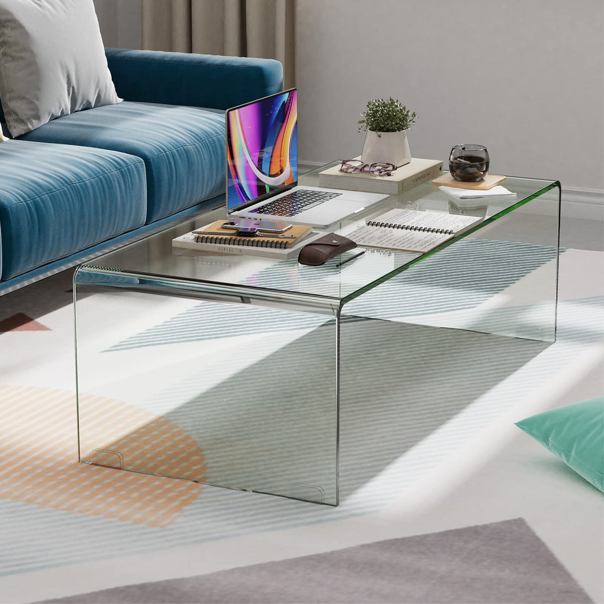 Tangkula Glass Coffee Table, 42.5" L × 20" W ×14" H, Modern Home Furniture, Clear Tempered Glass End Table, International Occasion Tea Table, Waterfall Table with Rounded Edges (Clear) Tangkula