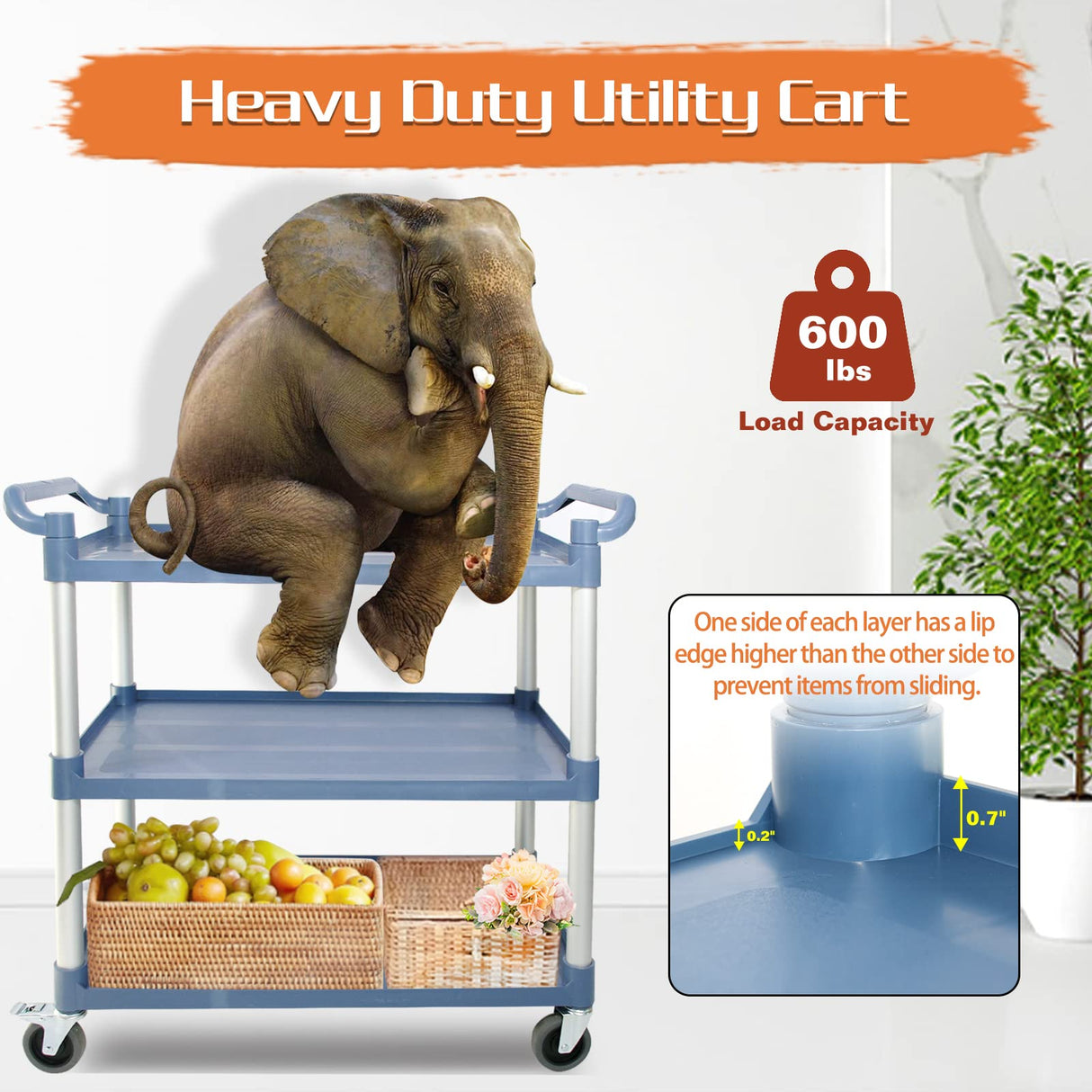 Utility Carts with Wheels Large Size Rolling Cart with Wheels Heavy Duty 600 LBS Food Cart with Lockable Wheels and Hammer for Kitchen/Office/Warehouse, 39.5" D x 19.3" W x 39.5" H(Grey Large Size) SFESGRER