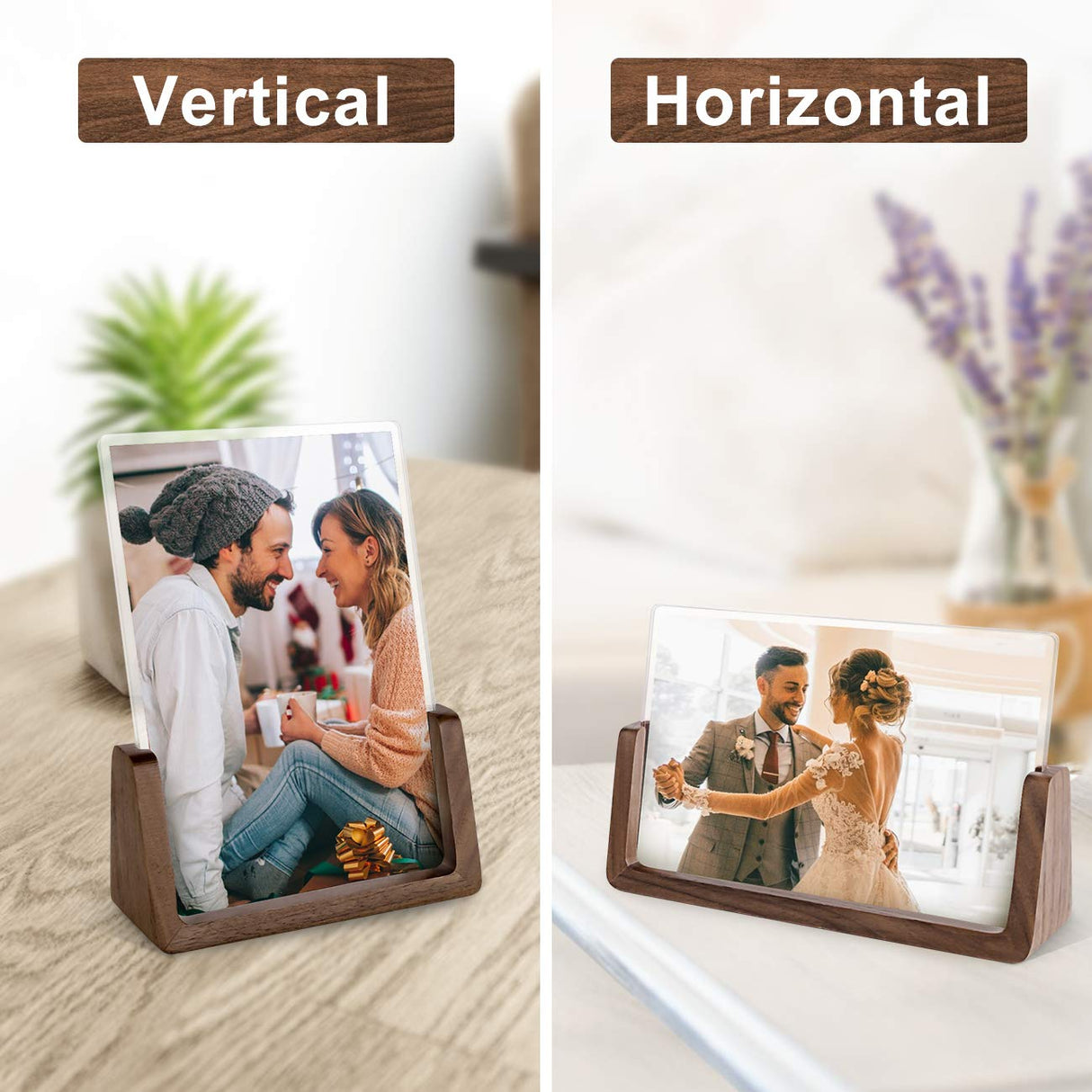 Mixoo 4x6 Wood Photo Picture Frame 2 Pack - Rustic Wooden Picture Frame with Walnut Wood Base and High Definition Break Free Acrylic Covers for Tabletop or Desktop Display (Horizontal + Vertical) Mixoo