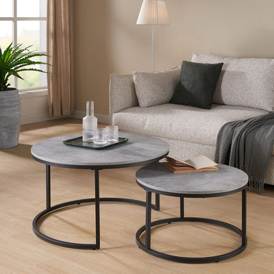 CENSI Round Nesting Coffee Table Set of 2, 31.5" Modern Industrial Center Tables for Living Room, Grey Marble Concrete Wood Finish with Black Metal Frame, Stacking Circle Accent Furniture