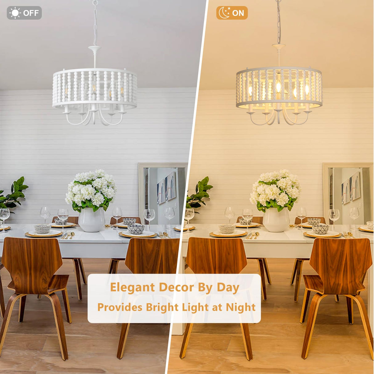 LAMSU Farmhouse Chandeliers for Dining Room, 5-Light Boho Wood Chandelier Light Fixture with Solid Wooden Beaded Shade, Modern Drum Chandeliers for Living Room Kitchen Island Bedroom Foyer, White LAMSU