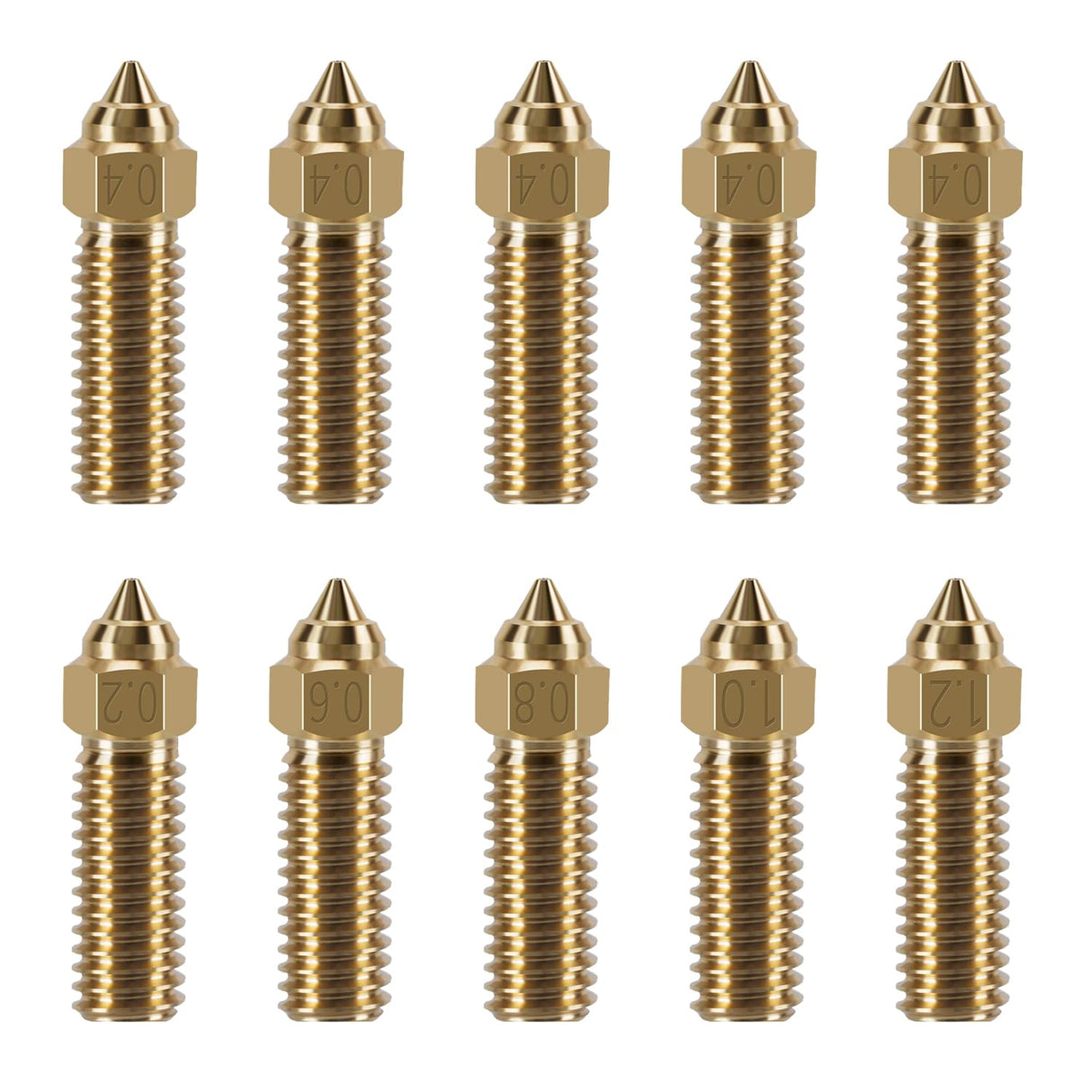 10PCS 3D Printer Extruder Nozzles Kit for K1/K1 Max/Ender 3 V3 KE, Packed High Temperature and Wear Resistance 5PCS 0.4mm, 1PC 0.2mm, 1PC 0.6mm, 1PC 0.8mm, 1PC 1.0mm and 1PC 1.2mm Brass Nozzles CNZTHDY