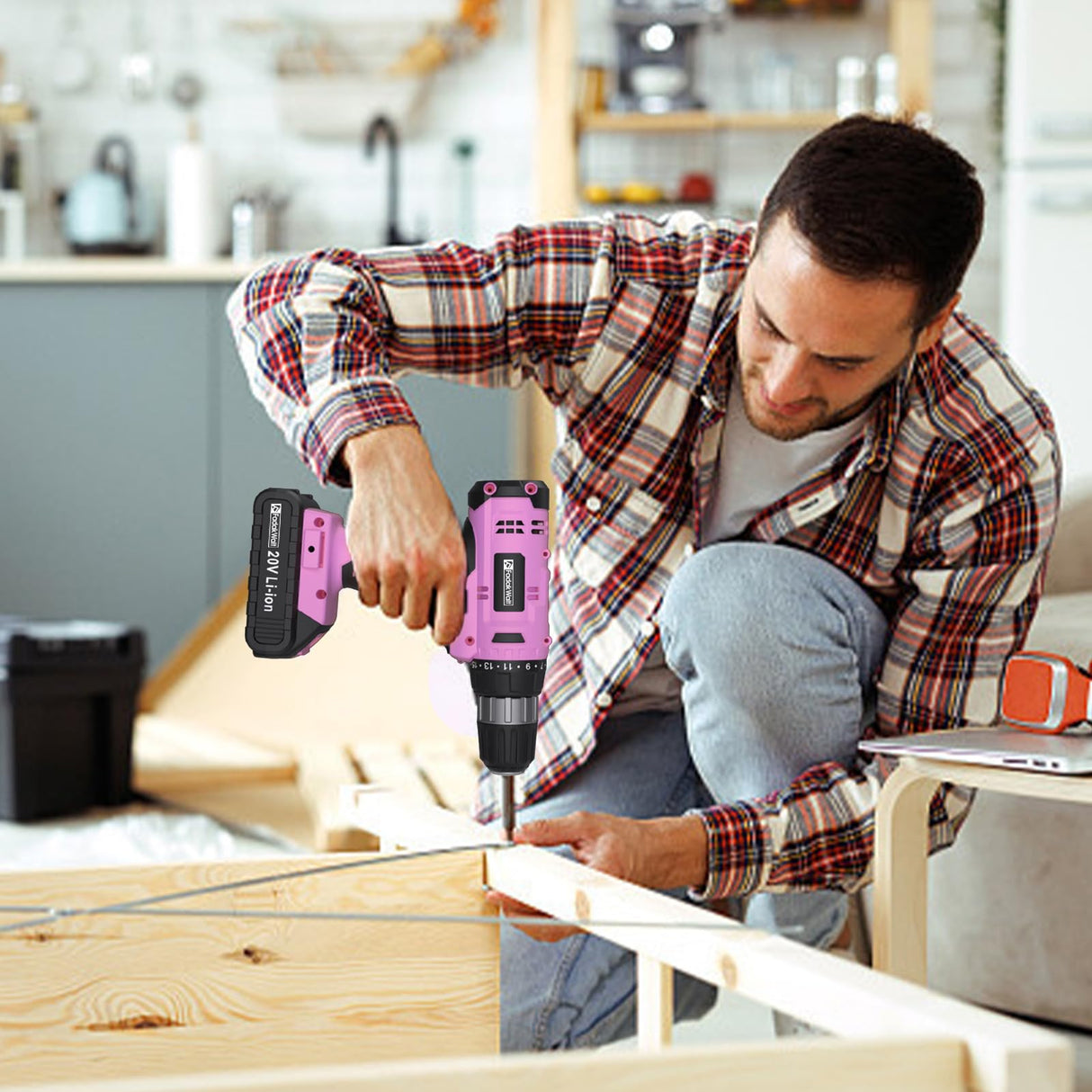 FADAKWALT Cordless Drill Set, 20V Electric Power Drill with Battery And Charger, Torque 30N, 21+1 Torque Setting, 3/8-Inch Keyless Chuck, Drill Driver Bits Kit, with LED Electric Drill Set. (Pink) FADAKWALT