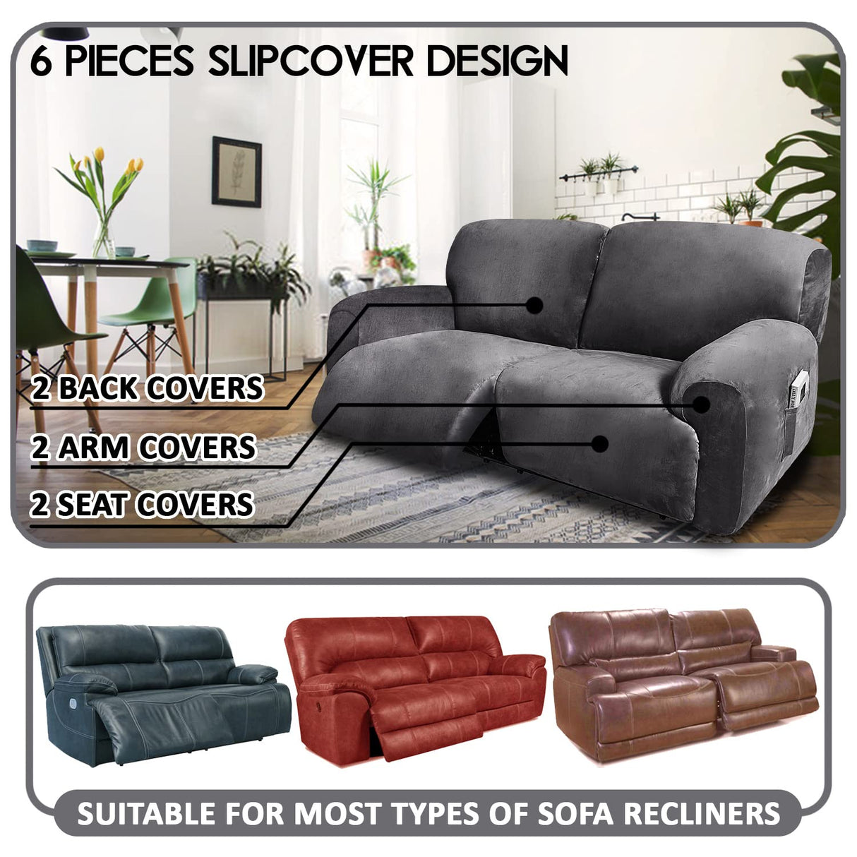 ULTICOR Extra Wide 75-100" 2 Seater Reclining Sofa Slipcover, Velvet Stretch 6-Piece, Soft Washable (Dark Grey) ULTICOR