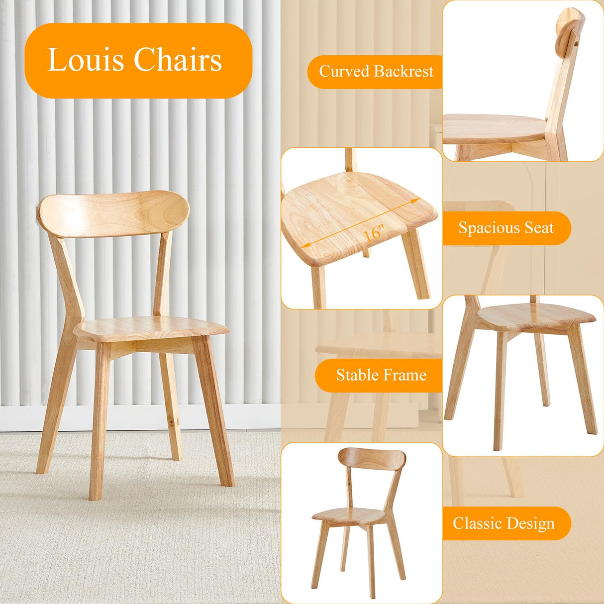 XHWECAN 5-Piece Wooden Dining Table and Chairs Set for 4, 47" Modern Solid Wood Table with 4 Louis Chairs for Dining Room, Kitchen, Small Space XHWECAN