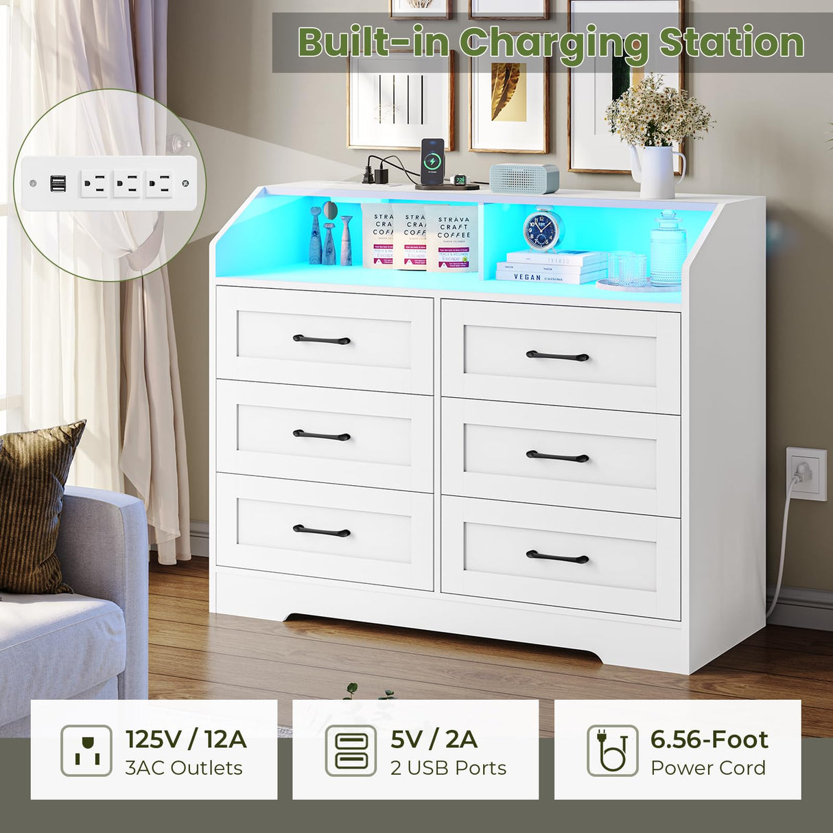 Hasuit White Dresser for Bedroom with LED Lights and Charging Station, Modern Wood 6 Drawers Storage Tower Clothes Organizer, Large Capacity Chest of Drawers Storage Cabinet for Bedroom, Living Room Hasuit