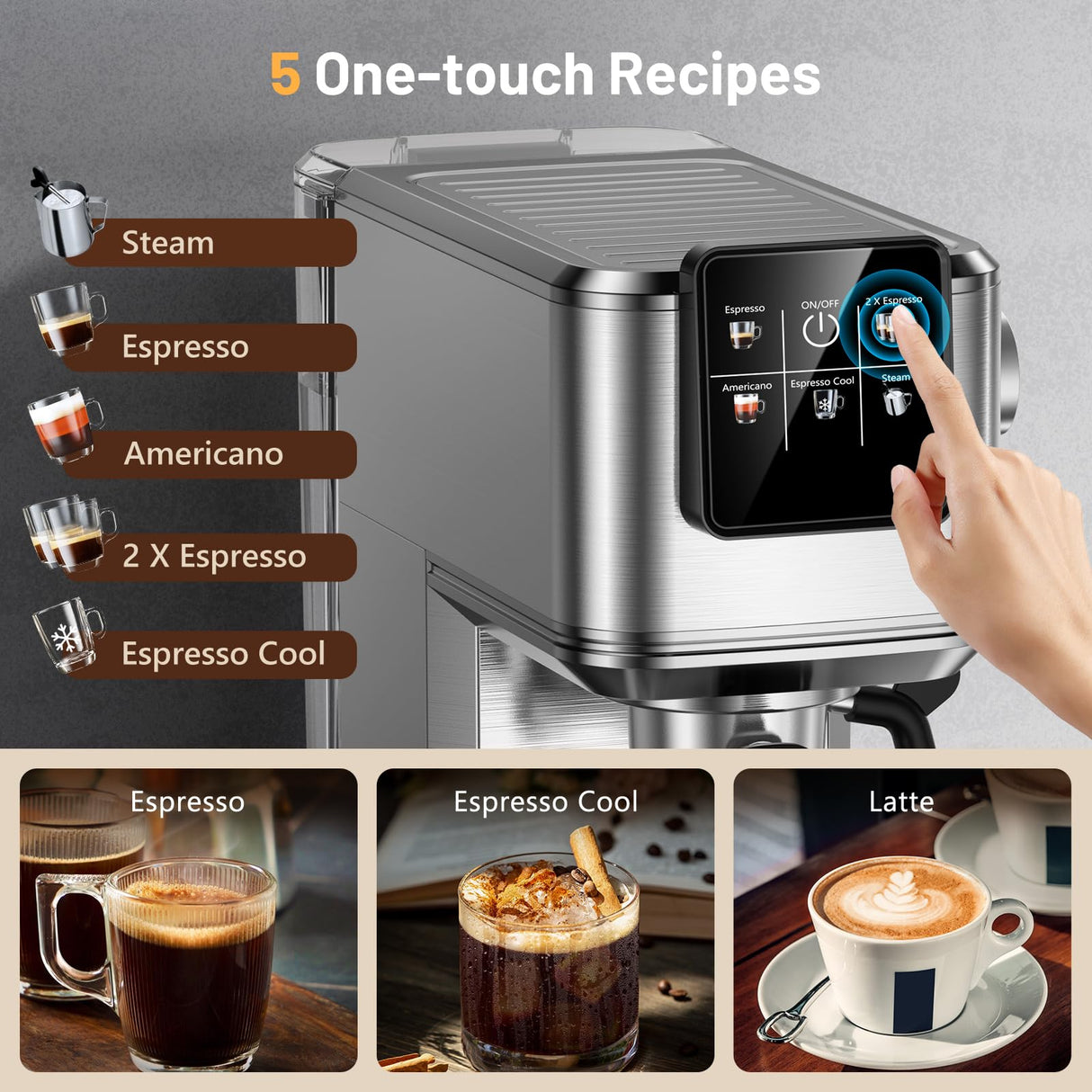 RELEXNOW Espresso Machine, 20 Bar Espresso Maker Milk Frother & LCD Panel, Hot & Iced Coffee Machine, Stainless Steel Espresso Coffee Machine with 41oz Water Tank for Cappuccino, Latte RELEXNOW
