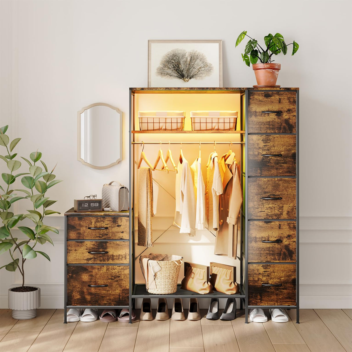 Famovoneer Garment Rack with Drawers & LED Light,Clothing Rack with Shelves,Tall Dresser with Hanging Rack for Apartment, Laundry Room, Bedroom Famovoneer