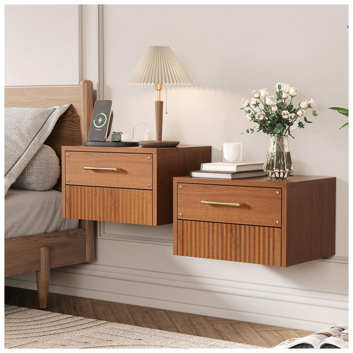 JOINICE Floating Nightstand Set of 2 with Charging Station, Mid Century Modern Wood Wall Mounted Bedside Table with Storage Drawers & Fluted End Table for Bedroom, Home Small Space, Cherry, 2 PCS JOINICE