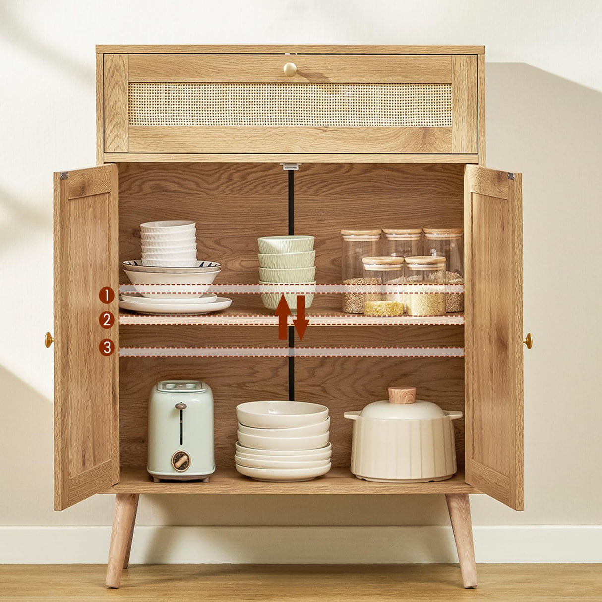 Iwell Storage Cabinet with Rattan Doors, Rattan Cabinet with Large Drawer & Adjustable Shelf, Accent Cabinet for Kitchen, Dining Room, Living Room, Entryway, Natural Iwell