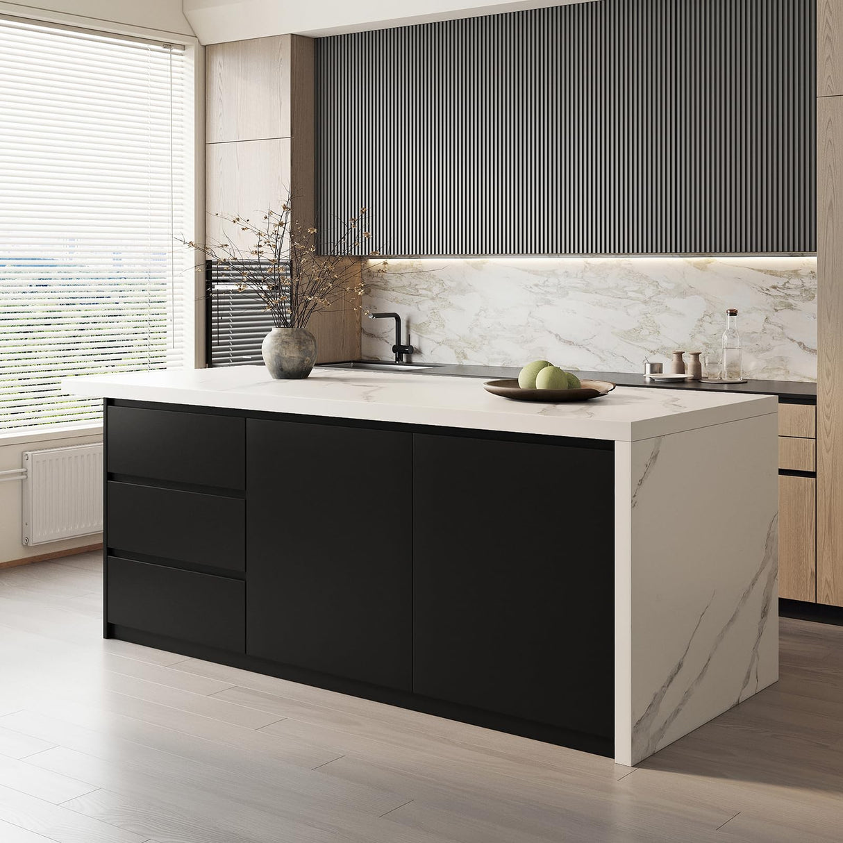 homary 72" Modern Kitchen Island with Storage & Seating White & Black Island Table for Kitchen with Drawers & Cabinet homary