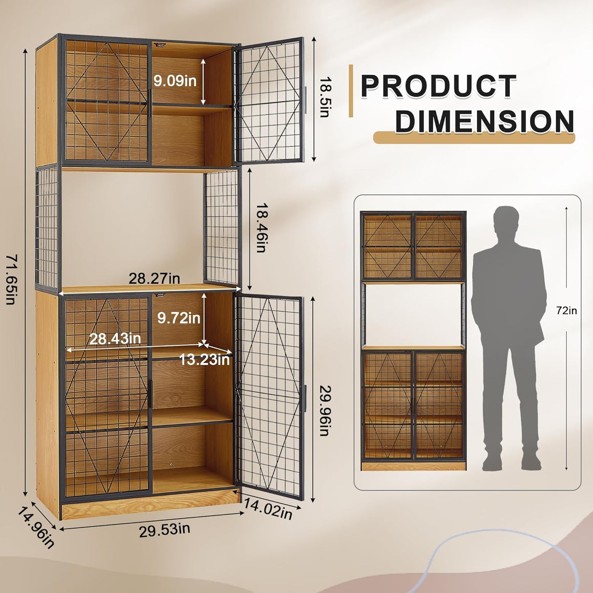 VECELO 72in Tall Kitchen Pantry Cabinet with Doors and Shelves, Large Freestanding Storage Cupboard with Countertop Hutch, Oak VECELO