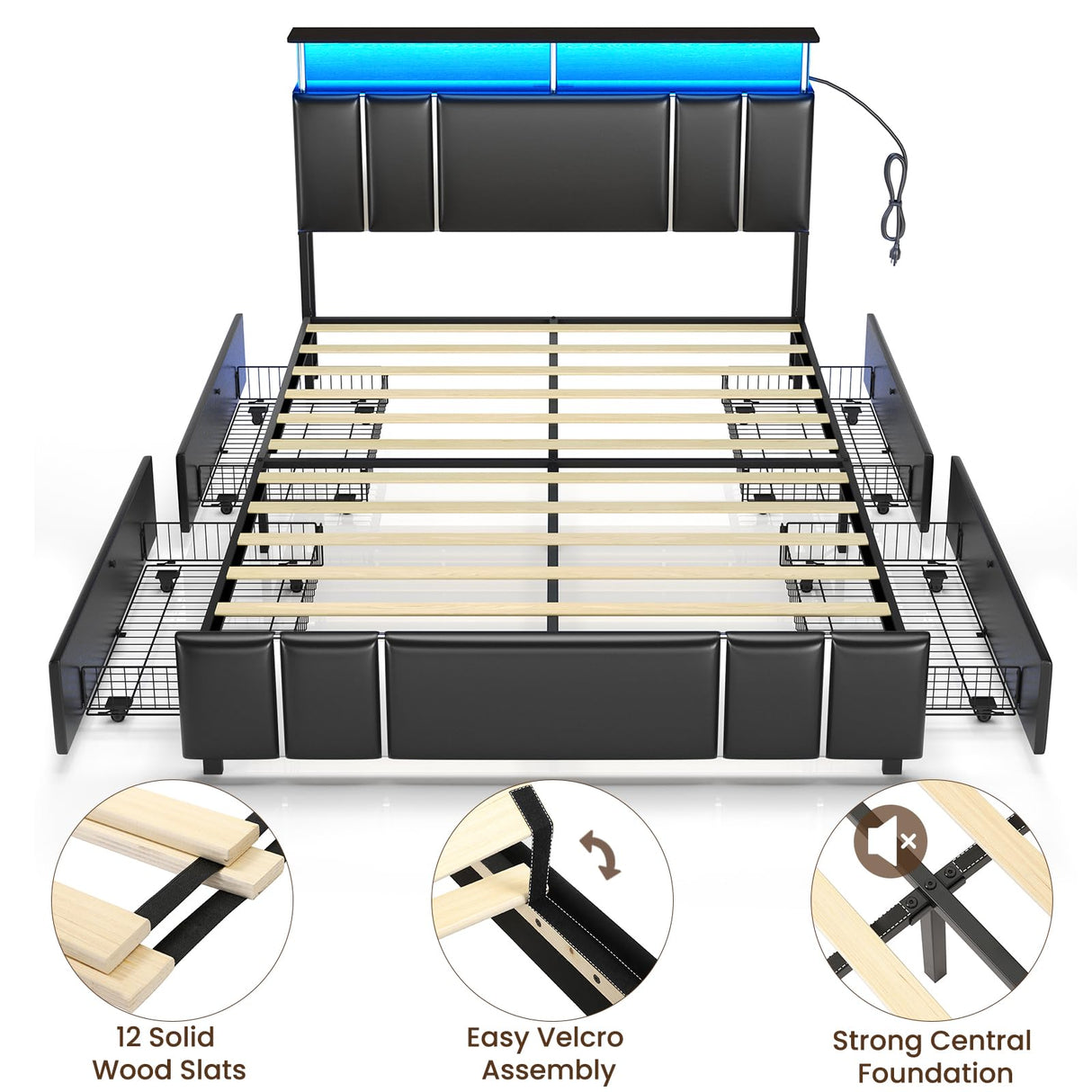 Modern VIAGDO Queen Bed Frame with Bookcase Headboard, LED Lights, Charging Station & Storage Drawers - Black VIAGDO