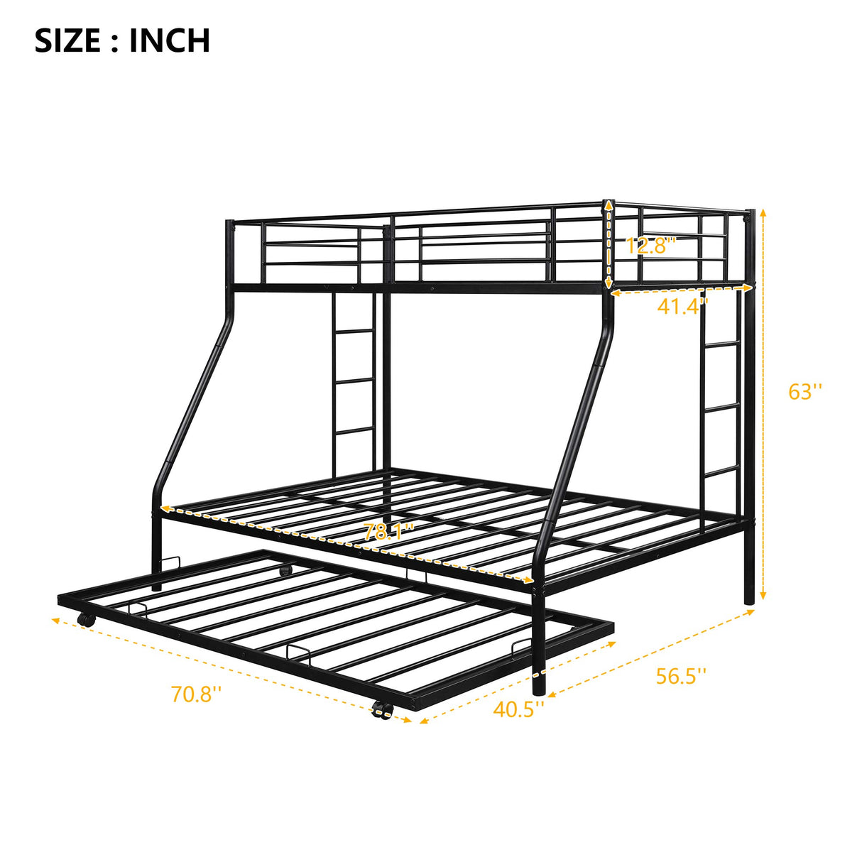 Twin Over Full Bunk Beds with Trundle, Metal Trundle Bed Frame with Safety Rails and Ladder for Bedroom, Black Flieks