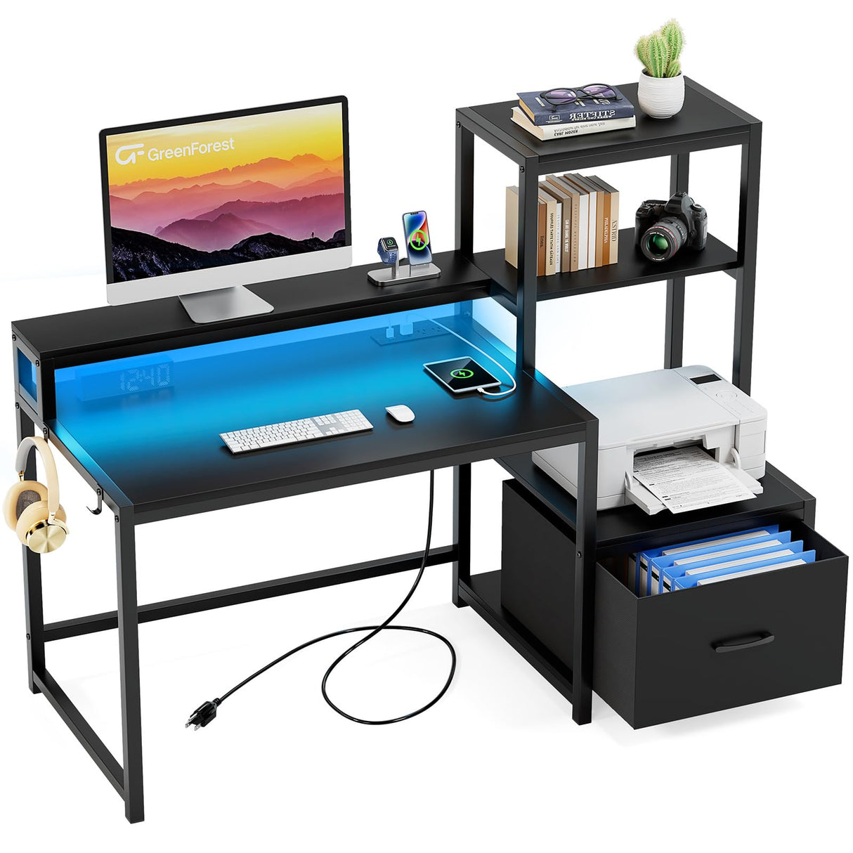 GreenForest Computer Desk with Drawers and Monitor Stand, Home Office Desk with Storage Shelves, Small Gaming Desk with Power Outlets and LED Lights for Study Writing Working, 51 inch Black GreenForest