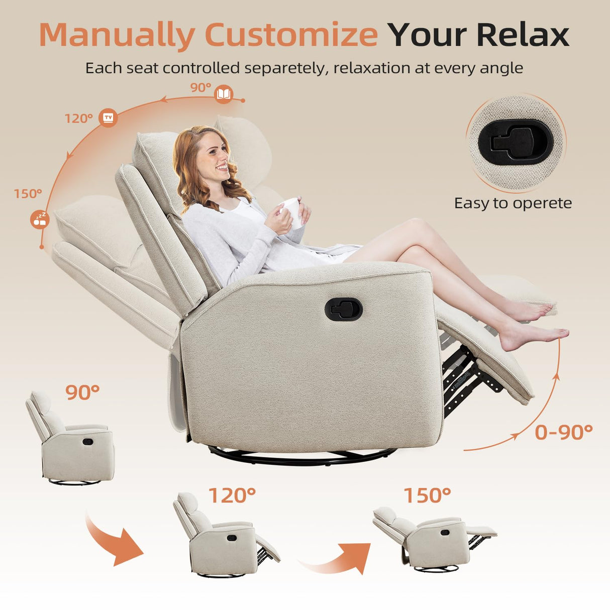 INZOY Nursing Rocking Chair Recliner, Swivel Rocker Recliner, Swivel Glider Rocking Recliners with Soft Backrest, Chenille Fabric Manual Reclining Sofa for Living Room Bedroom Apartment, Beige INZOY