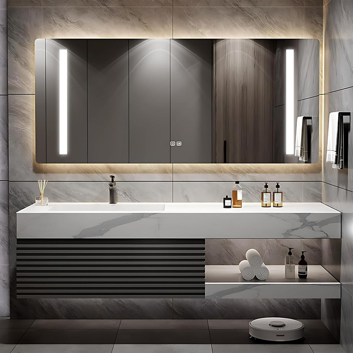 60 Inch Bathroom Vanity, Single Sink Bathroom Vanity Set Includes Anti-Fog LED Mirror Cabinet, Sintered Stone Countertop & Bathroom Sink Cabinet, Wall Mounted Floating Modern Bathroom Vanities, Black LUTHXAY