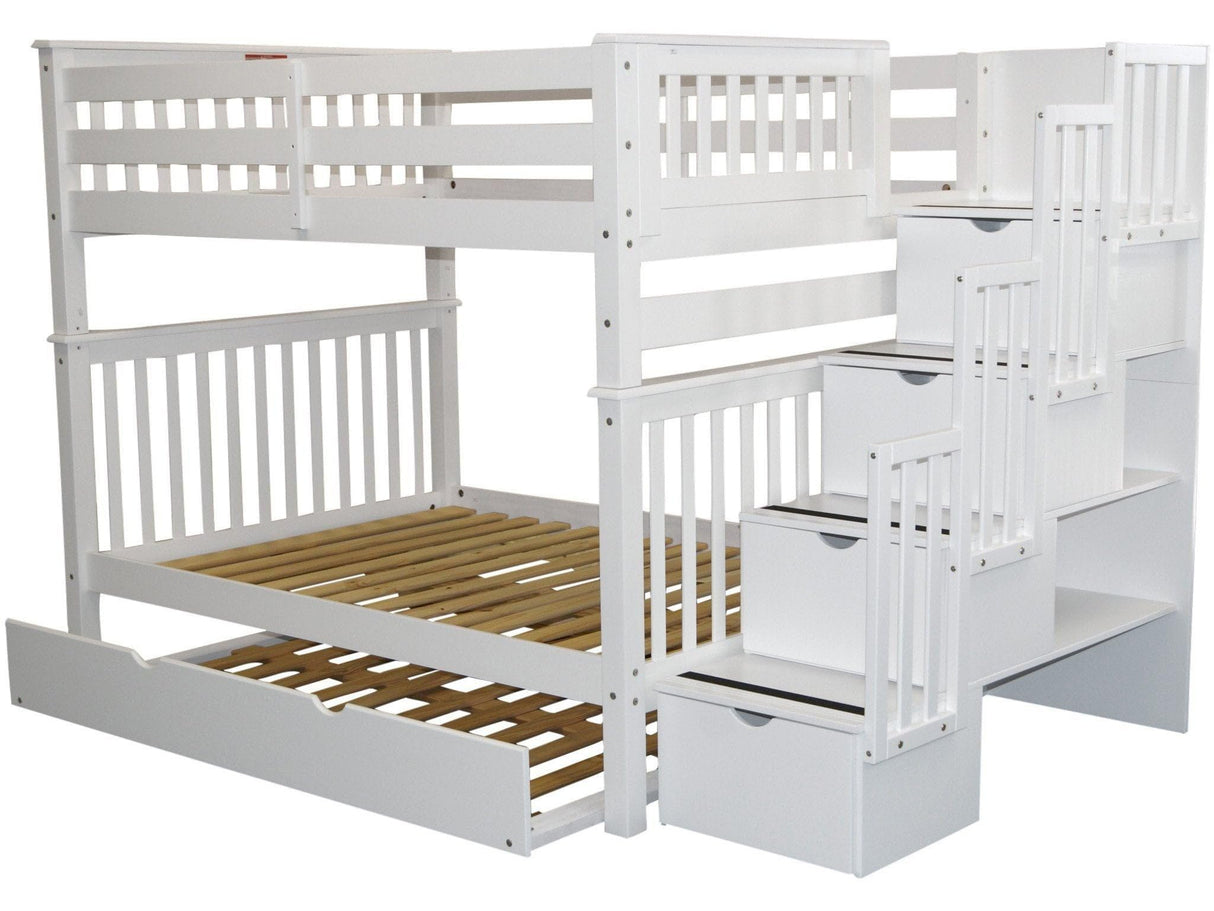 Bedz King Stairway Bunk Beds Full over Full with 4 Drawers in the Steps and a Full Trundle, White Bedz King
