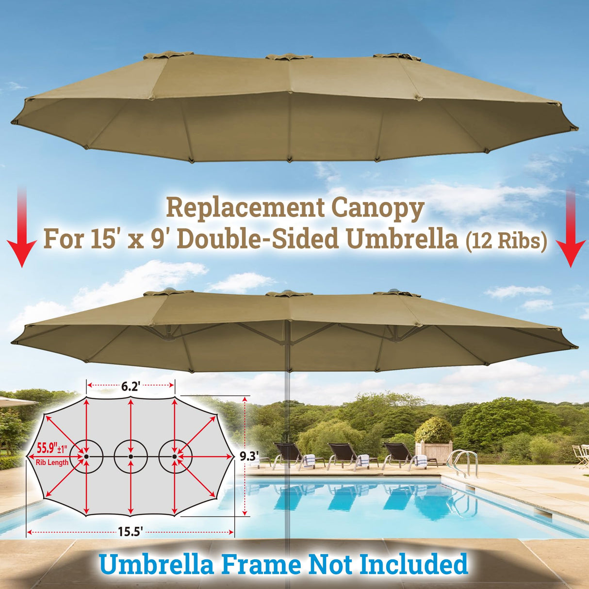 BenefitUSA 12 Ribs Umbrella Cover Canopy Replacement for 15' Double-Sided Patio Umbrella, Frame NOT Included(Taupe) BenefitUSA