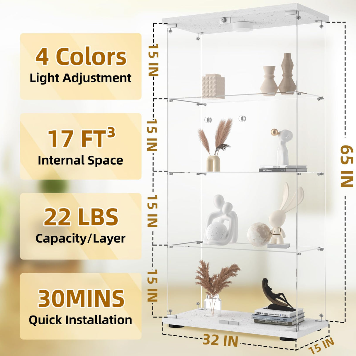 HAMBING Glass Display Cabinet 4 Shelves with Light and Lock, 2 Doors Trophy Curio Jewelry Cabinet Collection Display Showcase, for Bedroom, Office, HAMBING