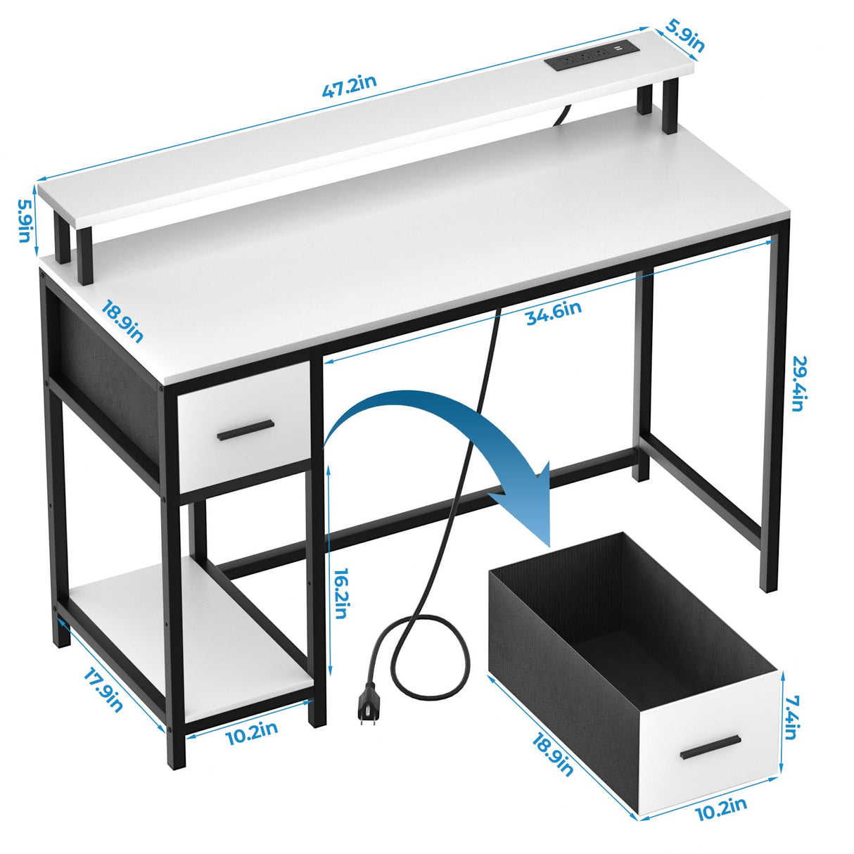 GreenForest White Computer Desk 47 Inch with LED Lights and Monitor Stand, Office Desk with Drawer for Small Spaces, Gaming Desk with Power Outlets and Shelf GreenForest
